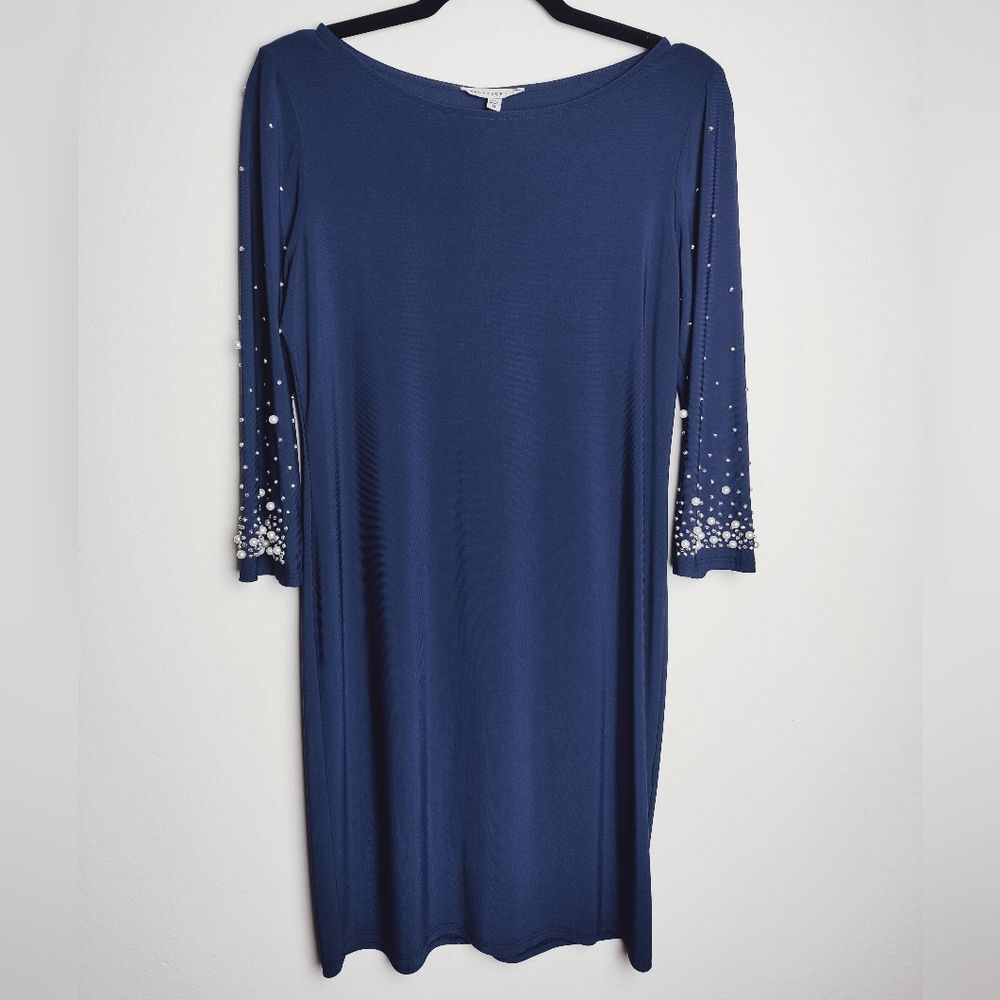 Tash + Sophie Navy Blue Pearl Sleeve Boat Neck Midi Sheath Dress, Size M